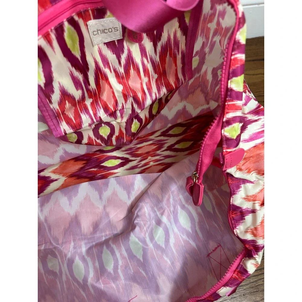 Chicos Packable Tote Bag Ikat Pink Orange Geometric Foldable Travel Purse NWT